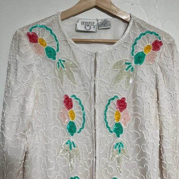 Vintage Cervelle White Beaded Floral Jacket – 100% Silk, Made in India, Small - Picture 5 of 13